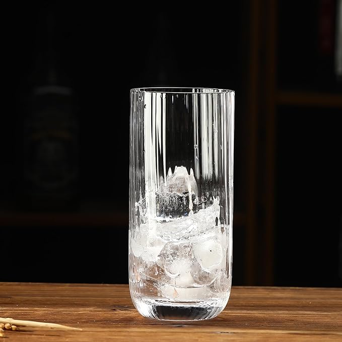 Collins Glasses Set of 6,Highball Glass Set, 15.3 oz, Clear Ribbed Design for Water, Cocktails, Mojito
