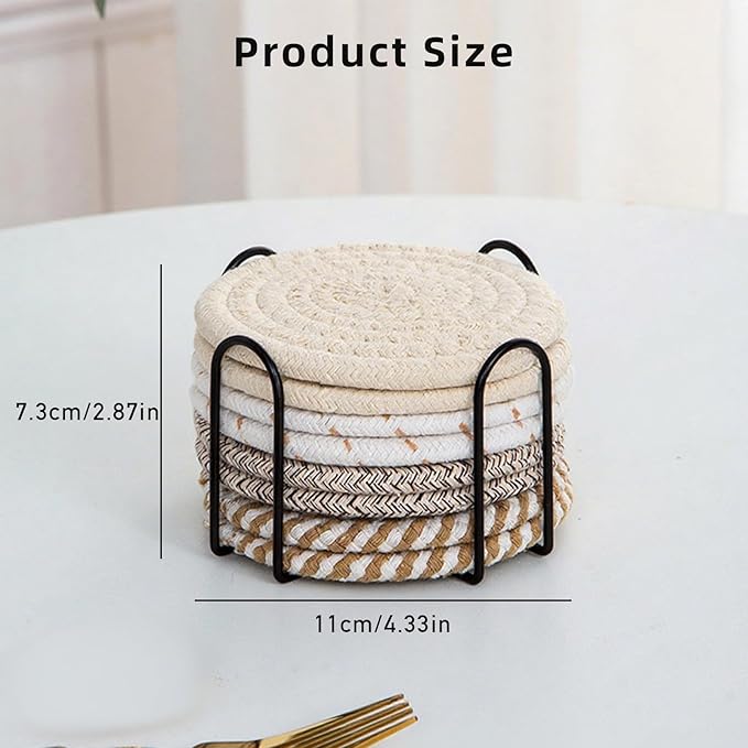 8 Pcs Drink Coasters with Holder, Handwoven Cotton Coasters Set Stackable Absorbent Minimalist Home Decor for Table, Cup, Mug (Golden)