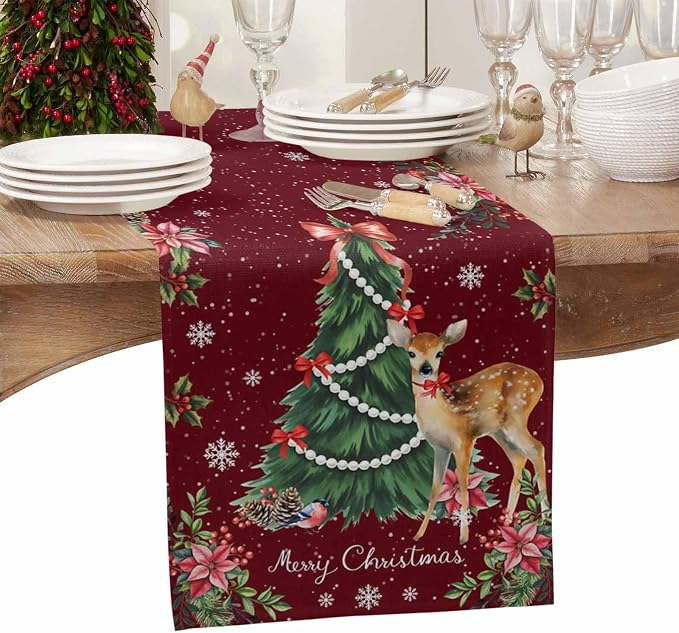 Christmas Reindeer Table Runners 108 Inches Long, Cotton Linen Fabric Red Table - Image 4