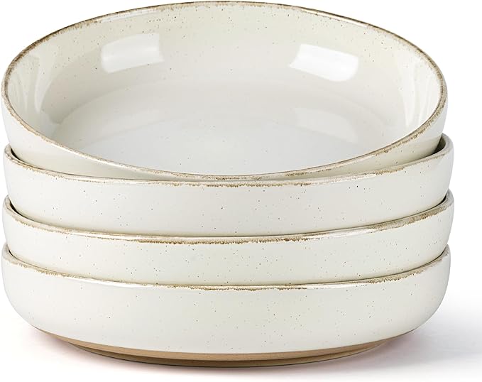 AmorArc 8.75'' Large Ceramic Pasta Bowls, 36oz Handpainted Stoneware Bowls Set of 4, Microwave&Dishwasher Safe Bowls with Wavy Rim&Rustic Terracotta Underside for Pasta Salad, Handbrush Rim