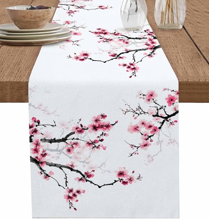 Pink Cherry Flowers Table Runners 70 Inches Long, Cotton Linen Fabric Table by Edwiinsa