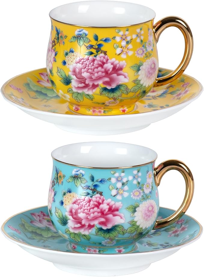 KAMMAK Tea Cup and Saucer, Ceramic Coffee Cups, 7.1 oz, Afternoon Tea and by KAMMAK