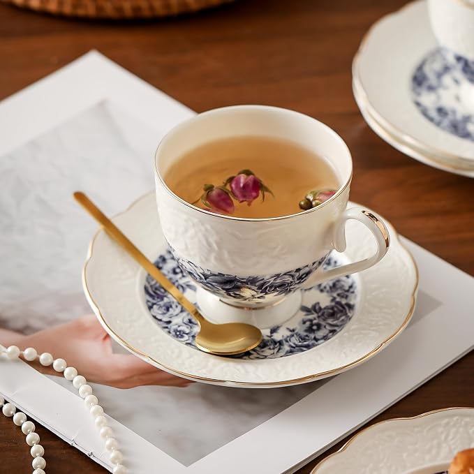 TATSUMI Interglio Embossed Bone China Tea Cup and Saucer Set, 3 Pieces Vintage - Image 3