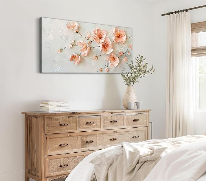ADJUVANT Wall Art Impressionist Pink Floral 60"L x 30"W, Cherry Blossoms Canvas Painting Soft Petals Artwork Pastel Tones Prints Spring Flowers Wall Decor for Living Room Bedroom Bathroom Home Office