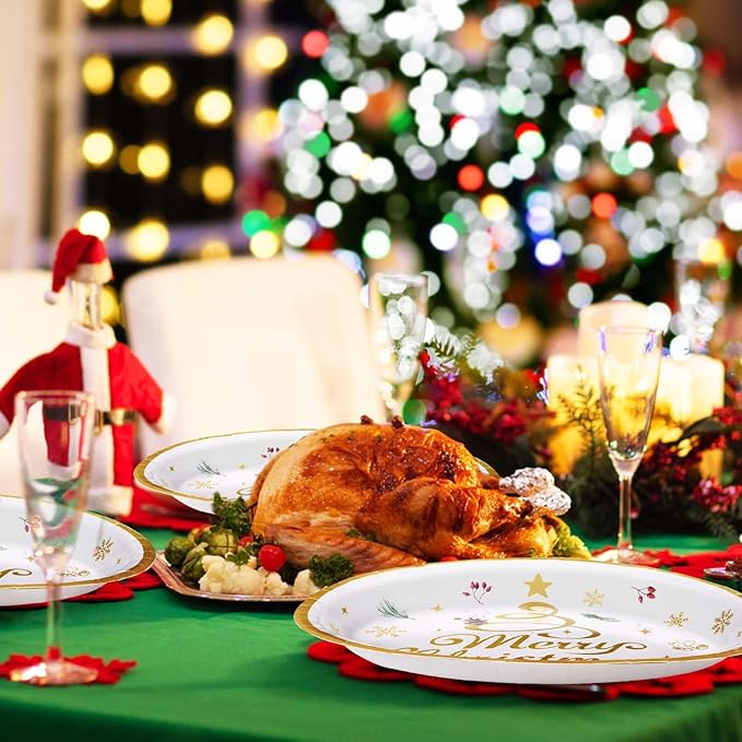 Grencian 50pcs Merry Christmas Oval Paper Plates - 10" x 12" Heavy Duty 400GSM Gold Christmas Tree Dessert Plates for Xmas Winter Holiday Party Supplies