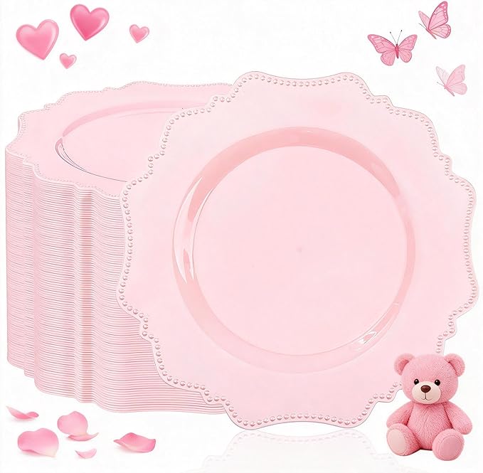 COLOSUS 60pcs Pink Plastic Party Dinner Plates - 9.5 Inch- Heavy Duty Disposable Plastic Dinner Plates for Party Wedding and Everyday Use,Valentine's Day
