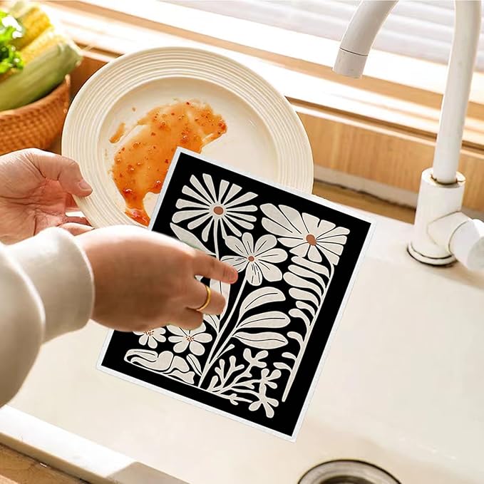 Spring Flower Swedish Dishcloths for Kitchen, Boho Swedish Dish Cleaning Cloths for Floral, Papaya Reusable Paper Towels, 4 Pack Dish Towels for Kitchen, Reusable Paper Dishcloths Washable