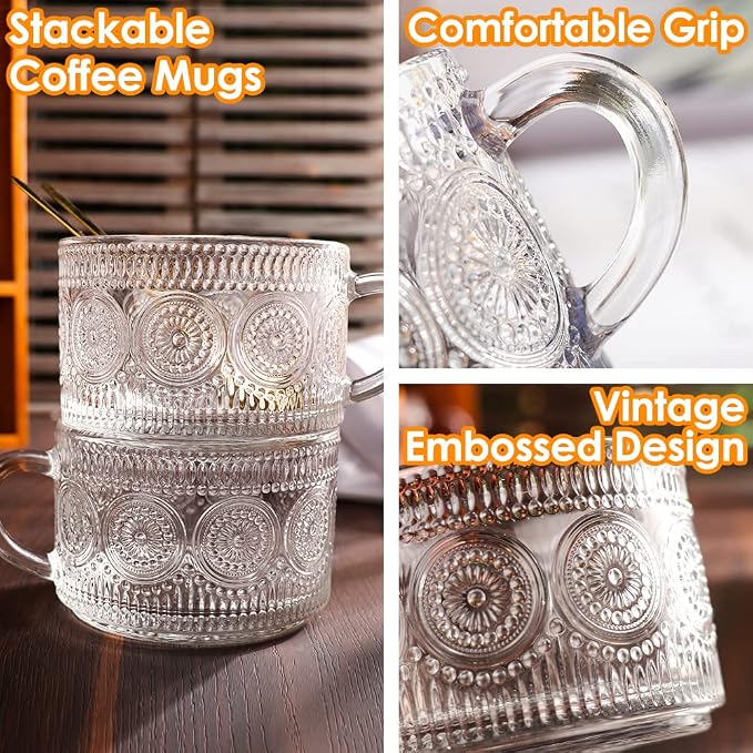 Vintage Glass Coffee Mugs Set of 4, 14 Ounces Embossed Glass Coffee Cups - Image 5