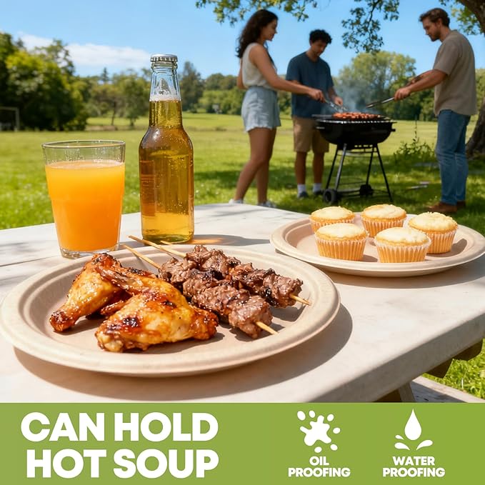 W&Y 100 Pack 9 Inch Paper Plates, Heavy-Duty Dinner Plates, Cut Resistant & 100% Compostable Disposable Paper Plate,Leak Proof & Microwave Safe for Parties, Weddings, Catering Events