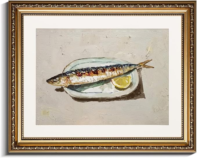 InSimSea Gold Framed Wall Art, Roasted Sardine Lemon Vintage Kitchen Wall Decor, Still Life Canvas Print Art, Dining Room Farmhouse Decor, Antique Paintings with Picture Frame 13x16inch