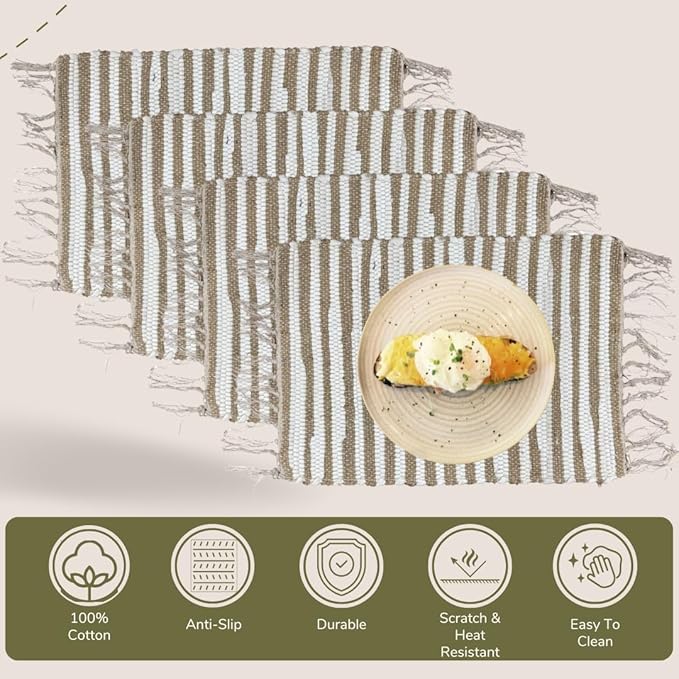 Perilla Home Placemat Set of 4 - Cotton Jute Blend Square Placemats - Farmhouse Rustic Woven Bohemian Machine Washable Table Mats with Tassels for Dining Table Decor (Brown & White)