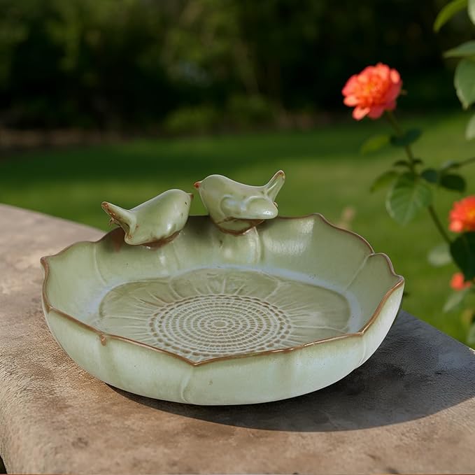 Ceramic Bird Bath Bowl with Perched Birds - Premium Outdoor Tabletop Birdbath Basin in Weather-Resistant Glaze - Usable on Ground, Deck or Tabletop