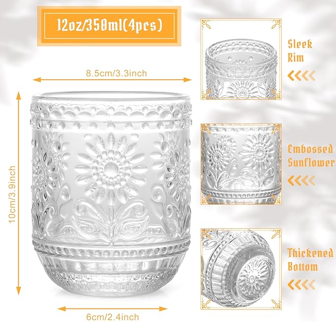Topsky Vintage Drinking Glass Set of 4,12 oz Embossed Floral Drinkware Set,Colorful Drinking Glasses Cups Wine Glasses Colored Glassware for Whisky,Beer,Juice,Cocktail,Heavy Duty-Clear