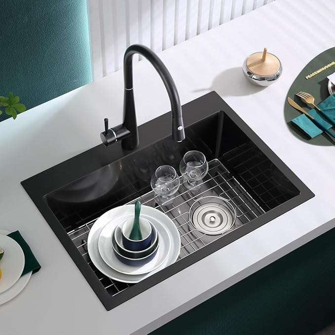 25x18x9 Inch Kitchen Sink, Handmade 304 Black Stainless Steel Single Bowl, Centre-Offset Drain, R10 Tight Corner, Drop in Kitchen Sink with Strainer & Bottom Grid