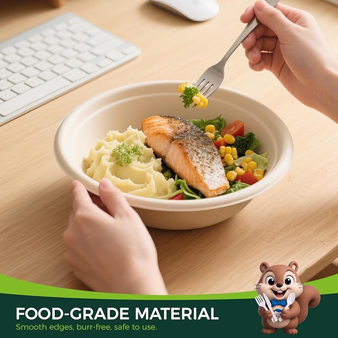 50-Pack 32oz Round Disposable Bowls with Lids - 100% Sugarcane Fiber, Paper Round Bowls for Soup, Salad, Ramen, Popcorn