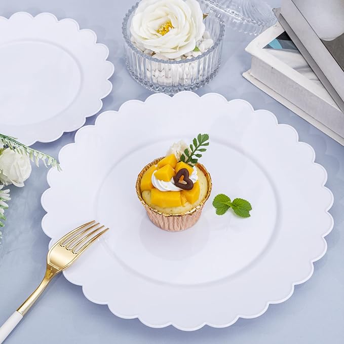 SUT 72-Pack 10.25 Inch White Heavy Duty Plastic Dinner Plates, Disposable Plates, Scallop Plates for Parties, Events, and Occasions