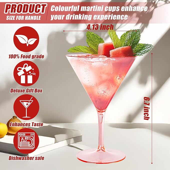 Liacere Martini Glasses Set of 6-11 oz Pink Plastic Martini Cocktail Glasses - Image 3