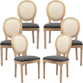 Vintage French Rattan Dining Chairs Set of 6, Solid Wood Frame with Round Rattan Back and Linen Upholstered Seat, Farmhouse Accent Sillas de Comedor Side Chairs for Dining Room & Kitchen, Gray