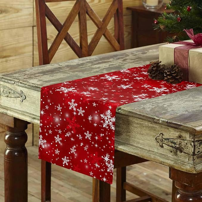 Red Christmas Table Runners 70 Inches Long, Cotton Linen Fabric Snowflake Table - Image 3