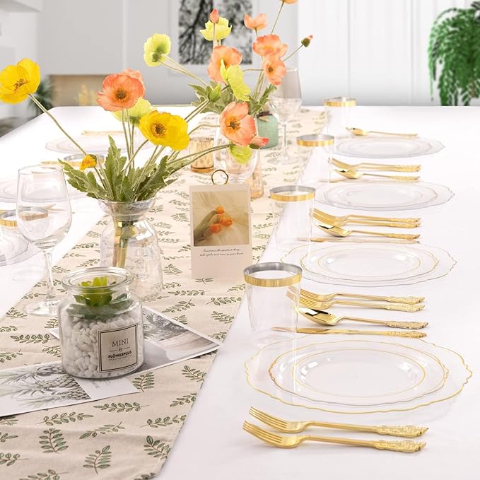 WDF 100pcs Clear Disposable Plastic Plates With Gold Trim - Baroque Clear Gold including 50PCS Dinner Plates 10.25inch and 50PCS Salad Plates 7.5inch for Wedding Birthday Valentine's Day
