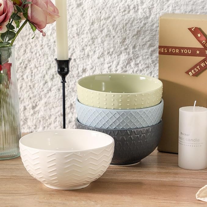 HASENSE Ceramic Cereal Bowls Set of 4, 26 OZ Soup Bowls, Embossed Stoneware Porcelain Bowls for Cereal, Soup, Oatmeal, Salad, Noodles & Rice, Microwave & Dishwasher Safe, Multi-Color