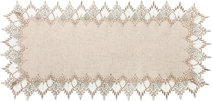 Phantomon Neutral Linen Table Runner 36 Inches Beige Embroidered Runner Lace by Phantomon