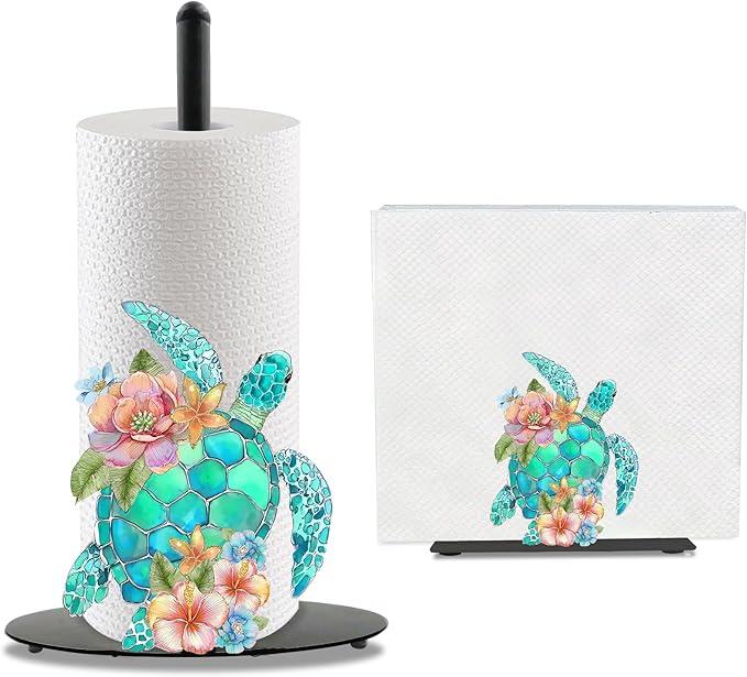 Sea Turtle Paper Towel Holder, Coastal Beach Ocean Countertop Decor Indoor with Round Base, Sea Turtle Gifts for Women, Iron Beachy Themed Napkin Holder Stand Accessories for Bathroom Kitchen, 2 PCS