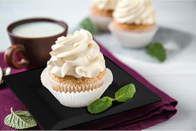 Exquisite Mini Disposable Appetizer Plates - 100 Pack 4.5 In. x 4.5 In. Black Plastic Dessert Plates - Elegant Design for Weddings, Birthdays, and Formal Parties - Stackable and Convenient - BPA Free