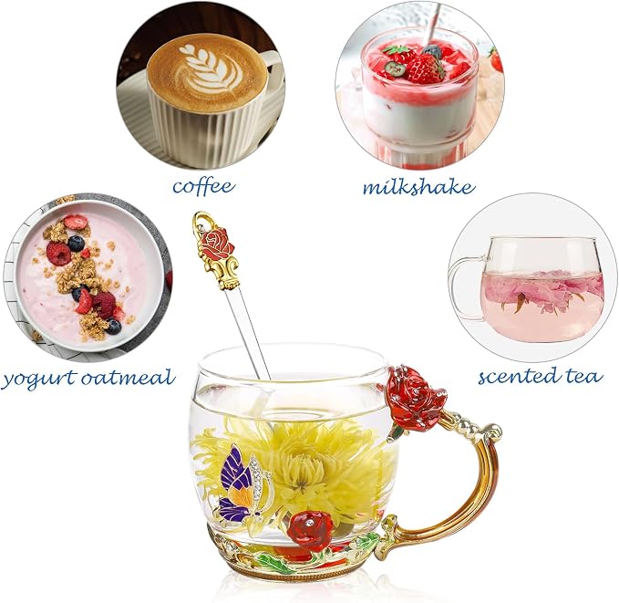 Flower Tea Cup, Butterfly Daisy Glass Fancy Coffee Mug - Image 4