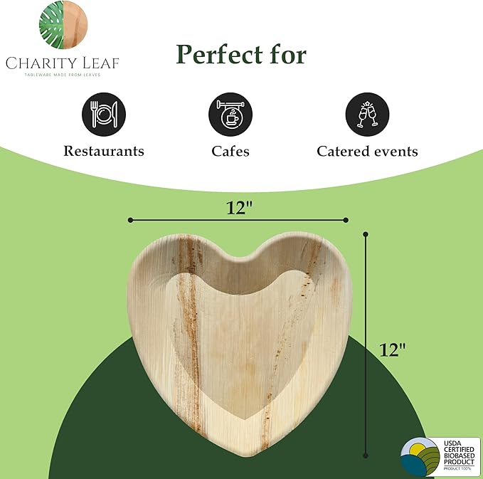 Charity Leaf Disposable Palm Leaf 12" Heart Plates (25 pieces) Bamboo Like Serving Platters, Disposable Boards, Eco-Friendly Dinnerware For Valentines, Weddings, Catering, Events
