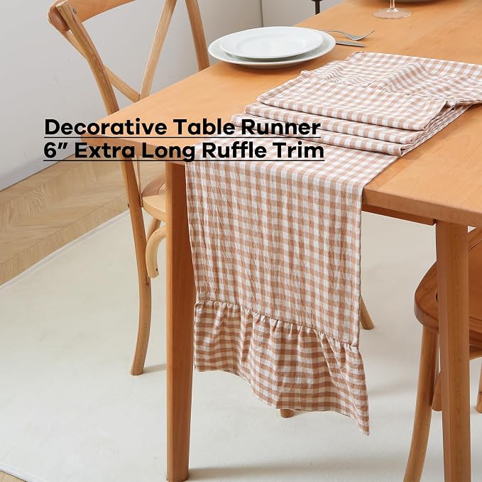 Taupe White Plaid Gingham Ruffle Table Runner 108 inches Long 100% Washed - Image 3