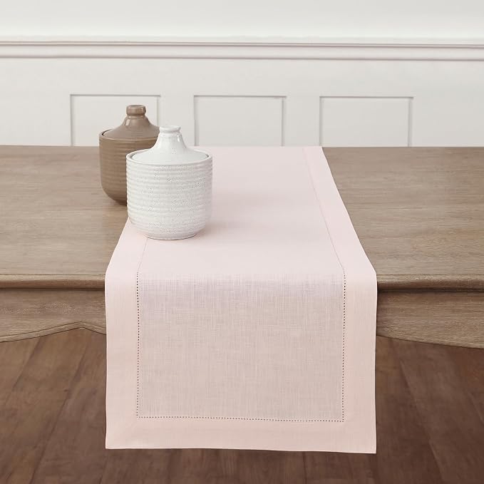 Solino Home 100% Pure Linen Dining Table Runner Pink Hemstitch, 14 x 120 in | by SolinoHome