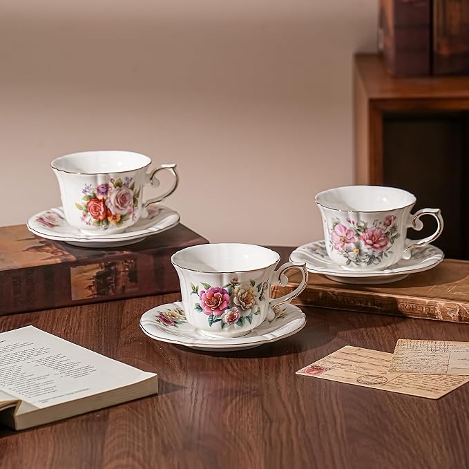 Ceramic Floral Cups with Saucers，7 oz Espresso Cups - Image 7
