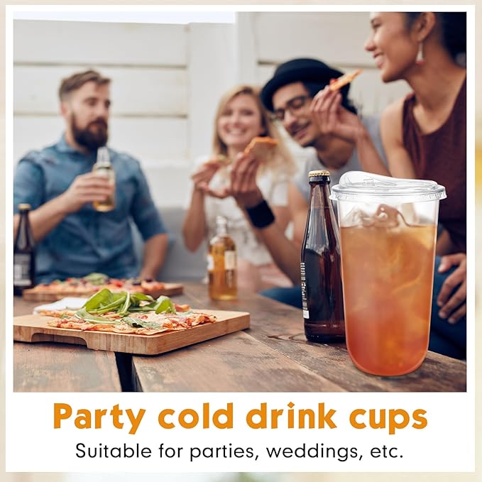 50 Sets Clear Plastic Cups with Strawless Sip Lids, Thickened Clear Disposable Plastic PET Crystal Cups for Iced Coffee, Smoothie, Cold Beverage, Drink Shops and Party Catering (20 oz)