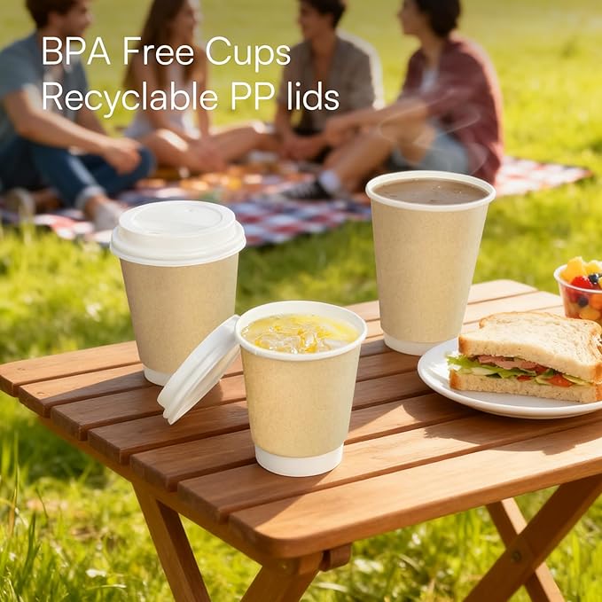 To Go Coffee Cups with Lids 16 oz Paper Cups,50 Pack Insulated Compostable Hot Cups with Lids, BPI Certified Natural Kraft Double Wall Disposable Coffee Cups for Everyday Togo Office Coffee Bar Supply