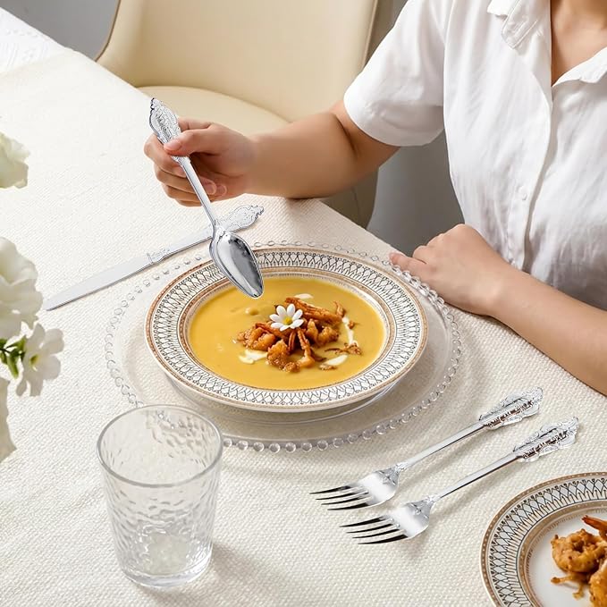 Silver Plastic Silverware Set Heavy Duty Vintage 120Guests Wedding | Embossed - Image 7