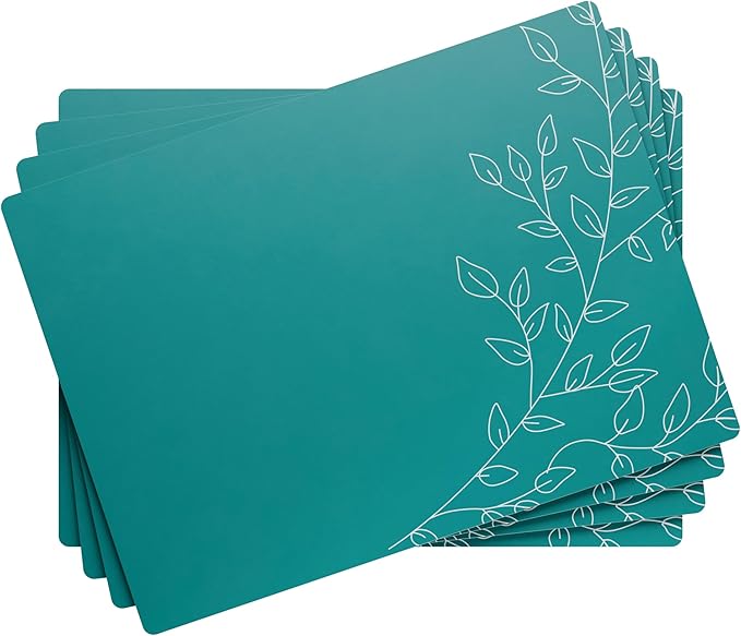 Royalty Art Deep Sea Green Boho Placemats, 4 Pc. Set, Non-Slip Cork Backed, Wipeable Heat Resistant Surface for Kitchen and Dining Table Protection, Cute Floral Pattern for Farmhouse or Rustic Decor