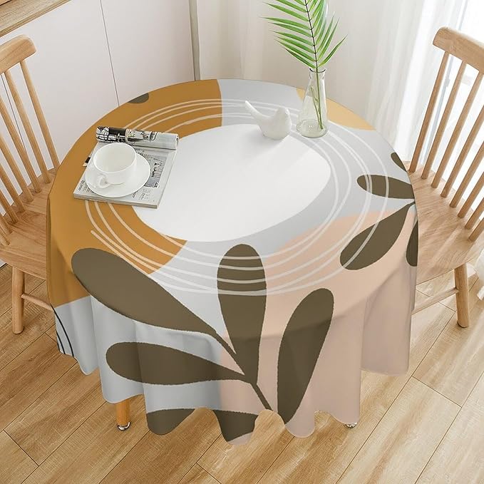 Boho Mid Century Round Tablecloth, Bohemian Abstract Modern Leaves Tablecloth for Home Party Dining Room Kitchen Decor 50Inch(127cm)