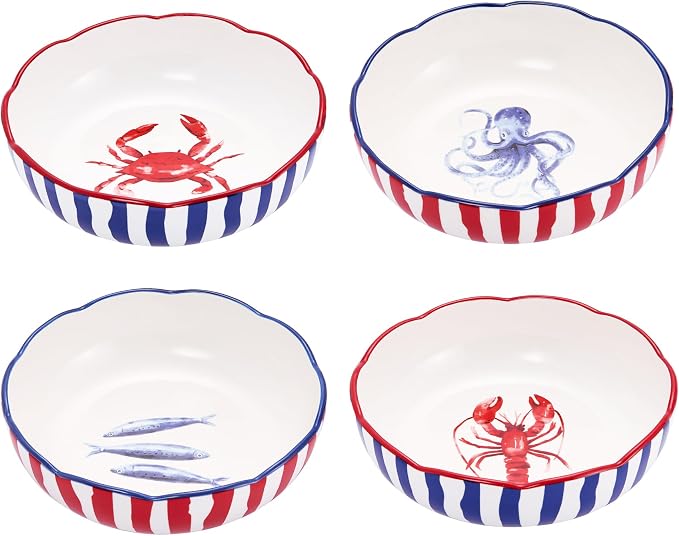 Bico Ocean Wonders Scalloped Pasta Bowls, 36oz Salad Bowl Set of 4, Large by Bico