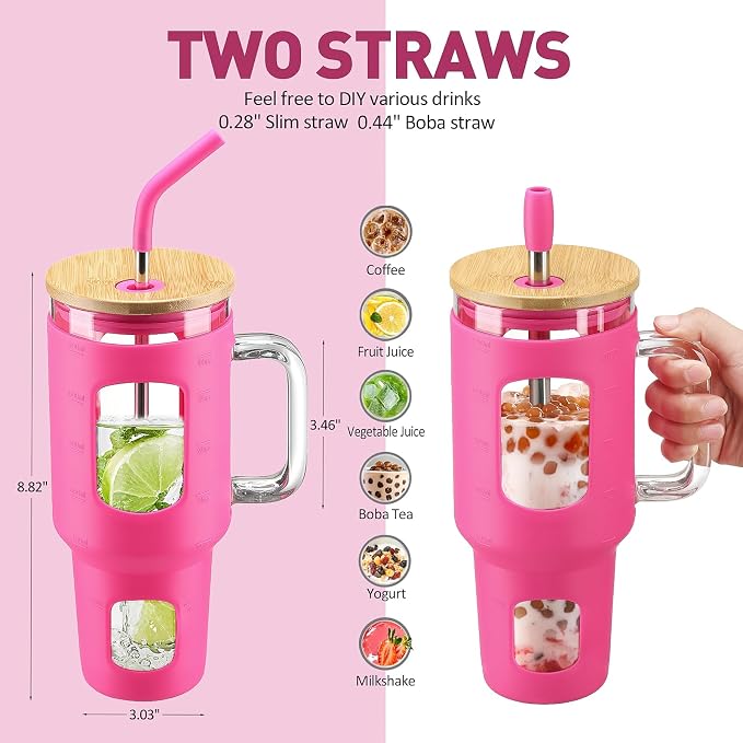 WINSA Glass Tumbler with Straw & Lid, 32 oz Glass Cup with Handle, Water Bottle - Image 4