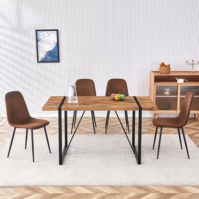 Dining Table Set for 4, Modern 55'' Dark Wood Dining Table wth Fabric Dining Chairs 4,Table and Chairs Set of 4,Ideal for Kitchen Dining Room