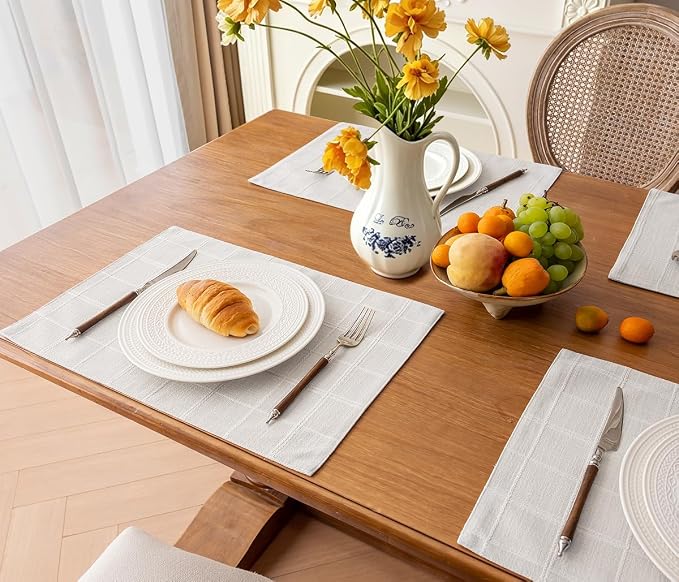 Linen Checked Placemats Set of 6, Machine Washable, Thick Textured Farmhouse - Image 5