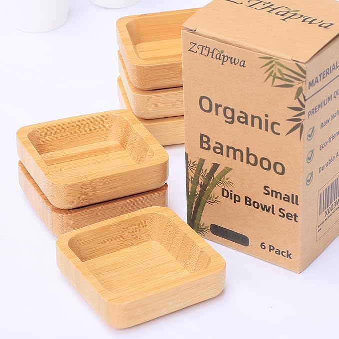 Snack Bowl Set, Small Bamboo Sauce Dish Dipping Bowls for Appetizers, Dips, Sauce, Nuts, Candy, Olives, Seeds, Desserts and More, Square 1.4 oz