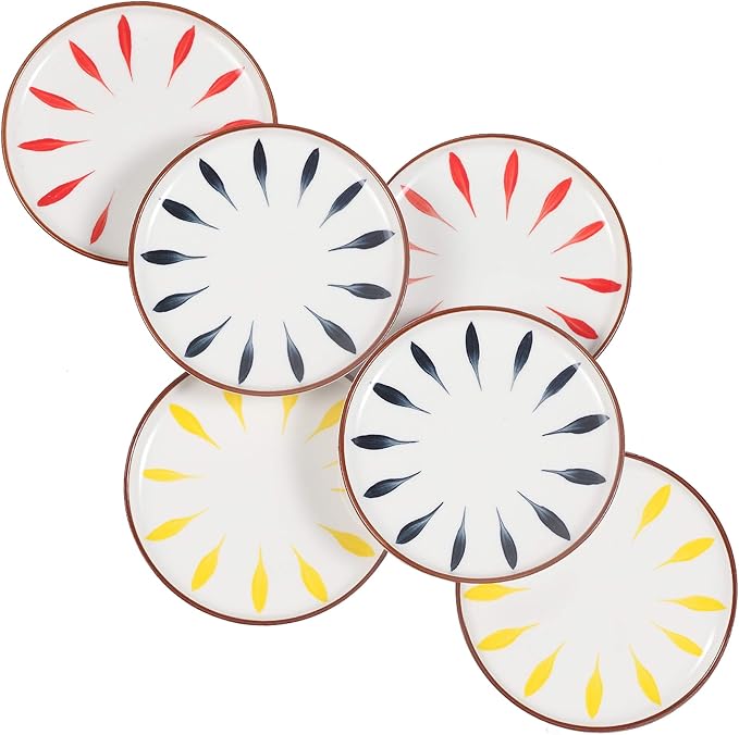 Aquiver 6'' Ceramic Dessert Plates - Color Painted Porcelain Appetizer Plates - Tea Party Small Serving Plates for Cake, Pie, Snacks, Ice Cream, Side Dish, Waffles - Set of 6 (3 Colors)