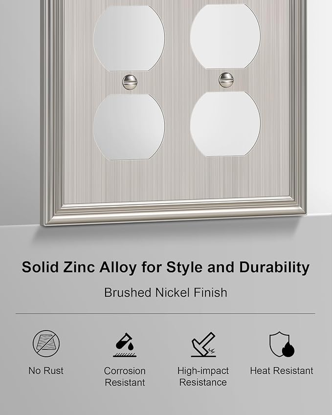 2-Pack Double Duplex Outlet Cover, Brushed Nickel Decorative Switch Plates and Outlet Covers for Electrical Outlets, Durable Zinc Alloy Wall Plates, 2 Gang Receptacle Cover