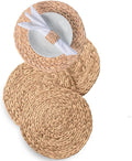 13.8" Set of 4 Round Water Hyacinth Placemats | Boho Woven Rattan Table Mats | Farmhouse Wicker Spring Plate Chargers Like Corn Husk, Seagrass for Wedding, Party, Christmas, Events