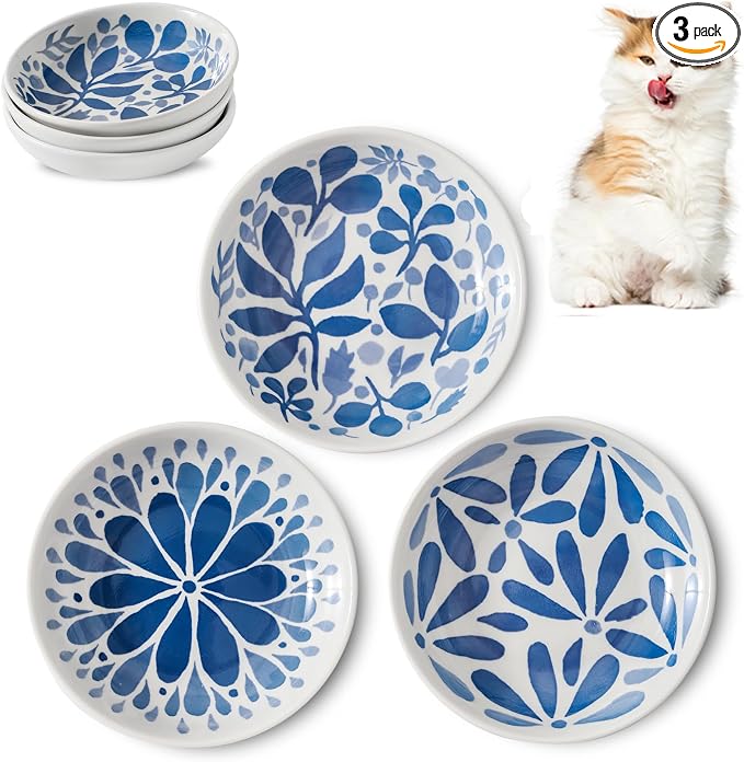 3 Ceramic Cat Bowls, 5.5 inch Wide Shallow Cat Food Bowl by Howise