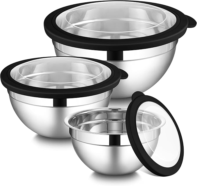 LIANYU Mixing Bowls Sets of 3, Stainless Steel Metal Nesting Mixing Bowl Sets for Kitchen, Large and Small Size 4.6 & 3 & 1.5QT, Include Transparent & Airtight Lids, Dishwasher & Freezer Safe, Black