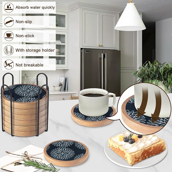 Wood Coasters Set of 8 with Holder, Cewiru Cup Mat - Image 2
