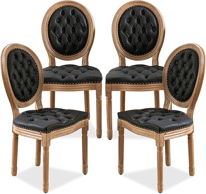 SoarFlash French Dining Chairs Set of 4, Vantage Dining Chair with Round Back, Farmhouse Country PU Leather Dining Chair for Kitchen,Bedroom,Black